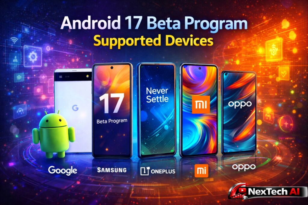 Android 17 Beta Program supported devices list showing Google, Samsung, OnePlus, Xiaomi and Oppo smartphones