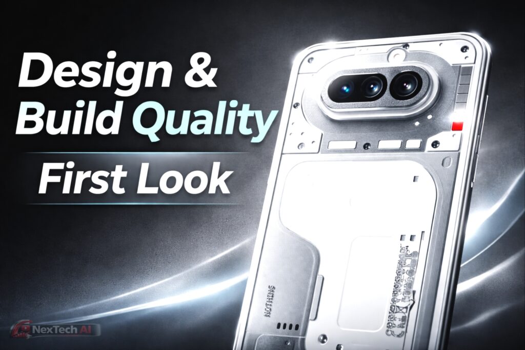 Professional dark-themed image showcasing smartphone design and build quality with a transparent back panel, highlighting materials, camera module and internal layout