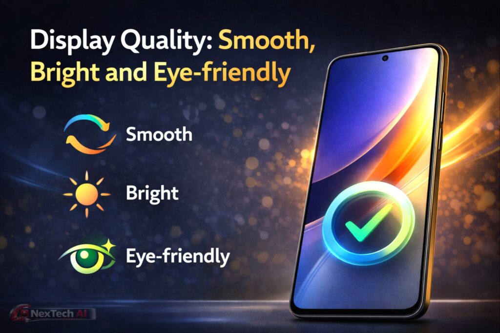 Professional smartphone display image highlighting smooth performance, high brightness and eye-friendly screen technology